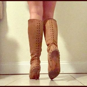 JIMMY CHOO Tan Leather Studded Heeled Boot